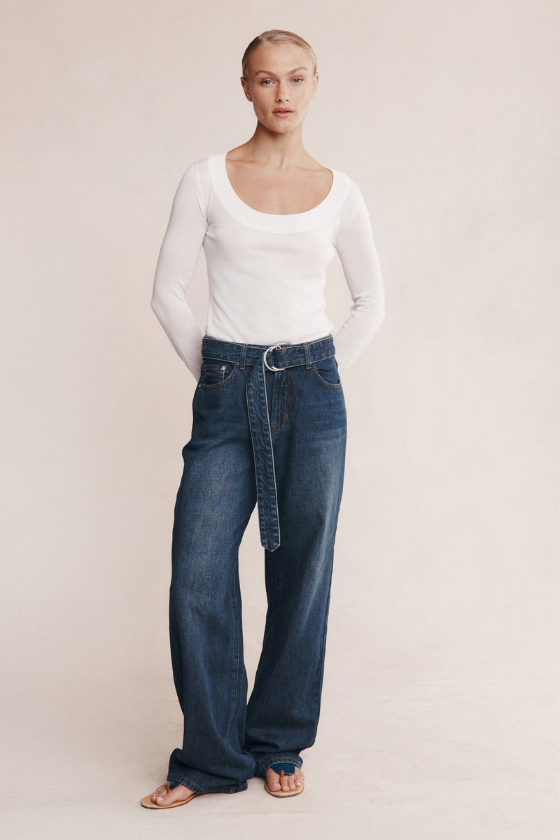 BELTED WIDE LEG JEAN - DARK WASH