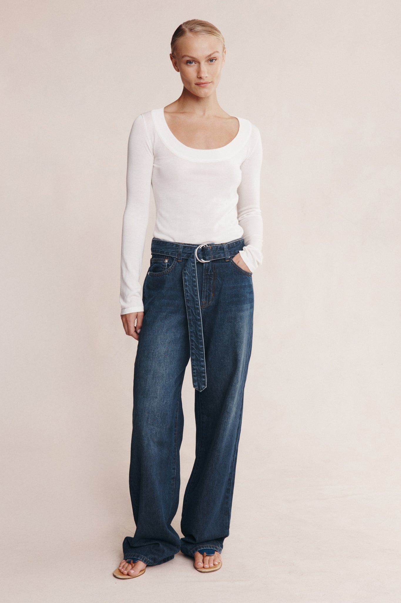 BELTED WIDE LEG JEAN - DARK WASH