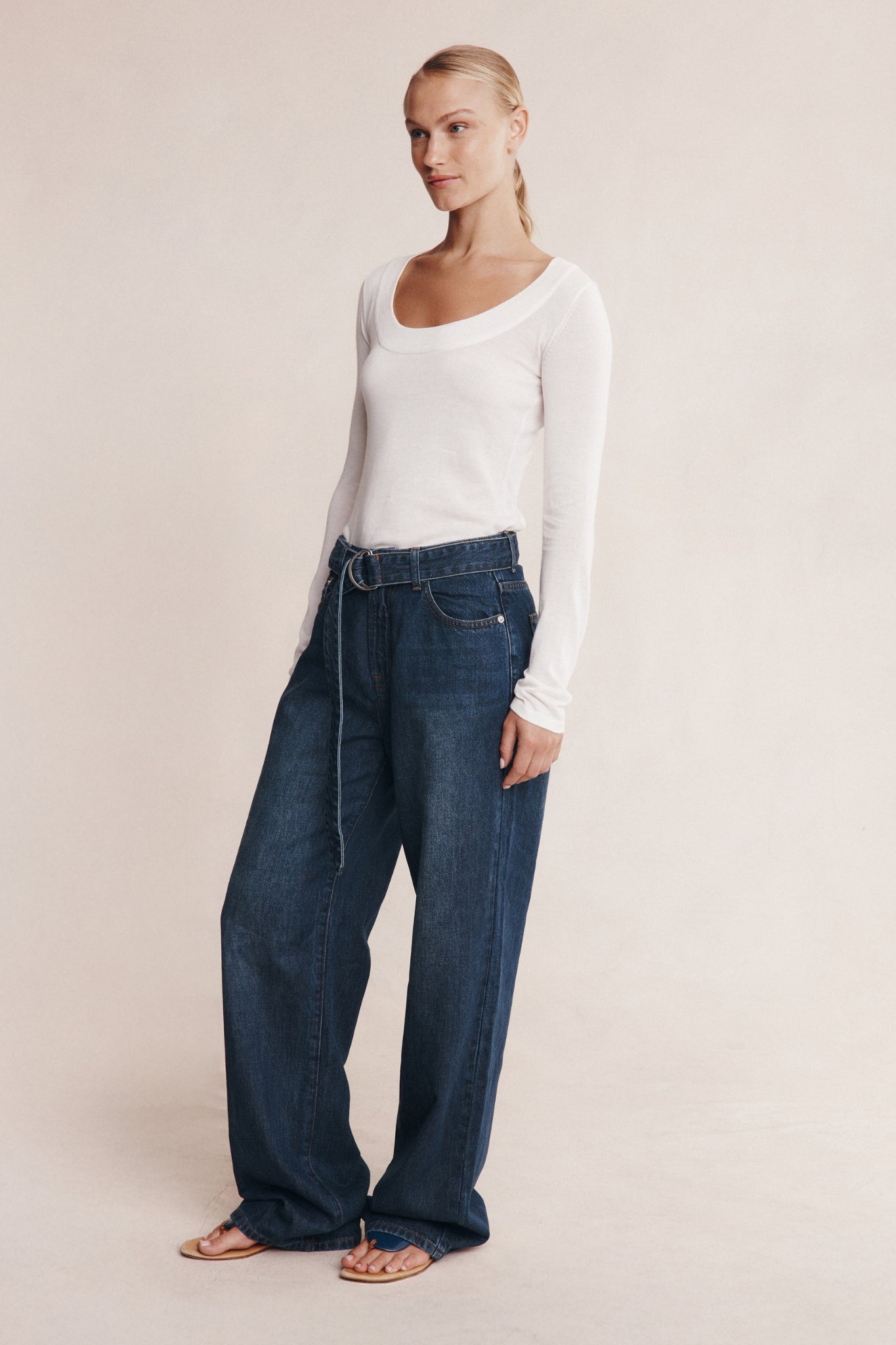 BELTED WIDE LEG JEAN - DARK WASH