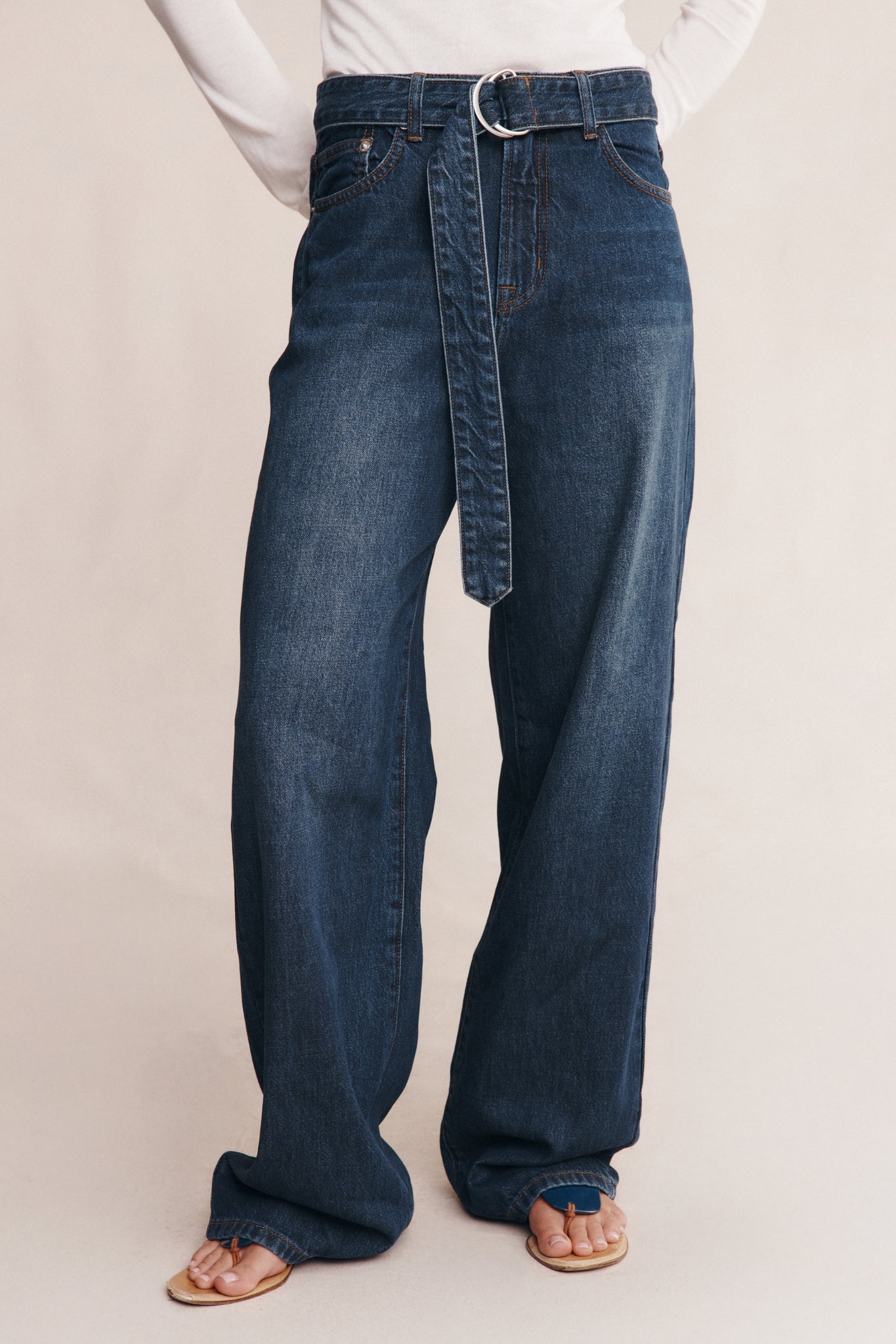 BELTED WIDE LEG JEAN - DARK WASH