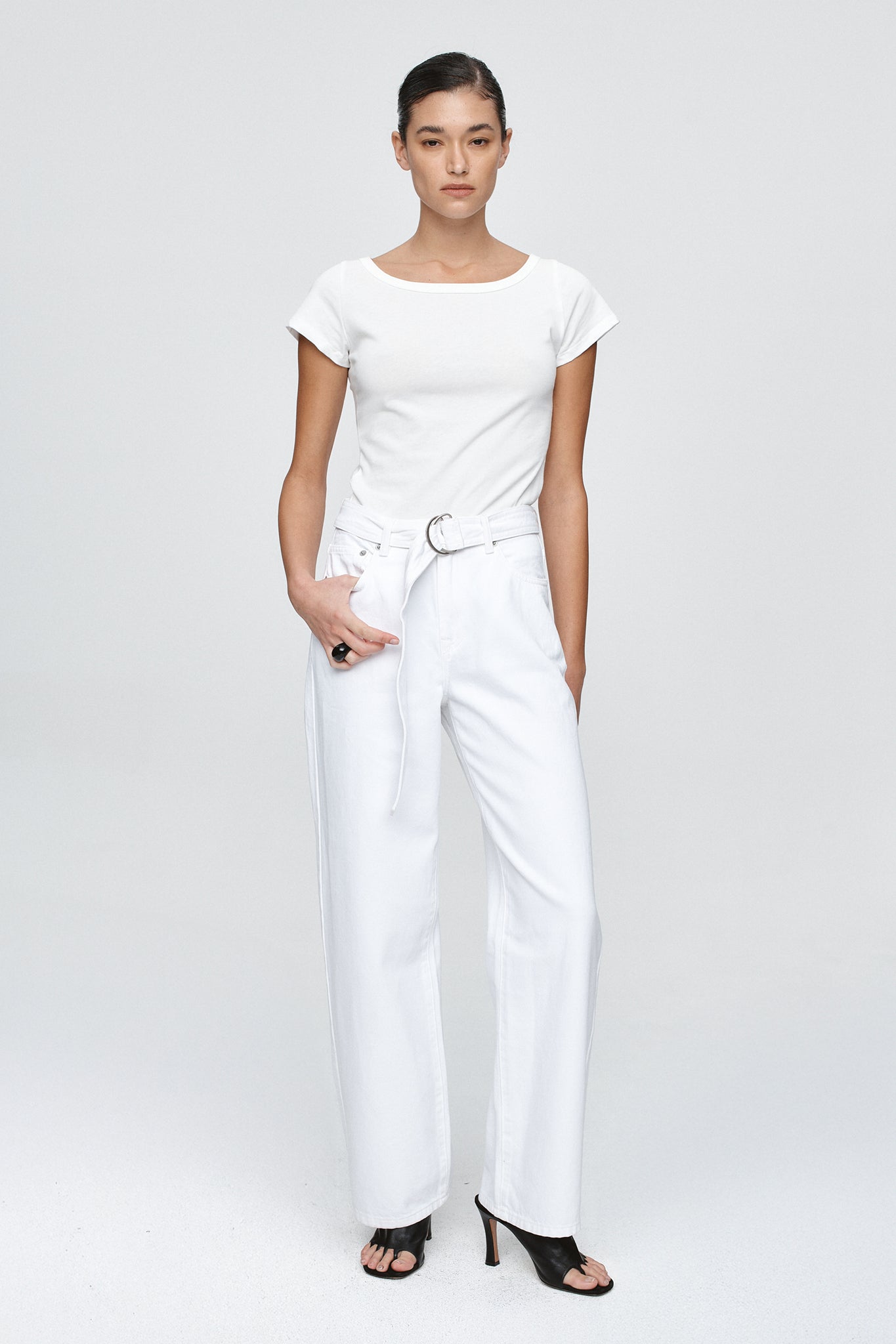 BELTED WIDE LEG JEAN - BLANC