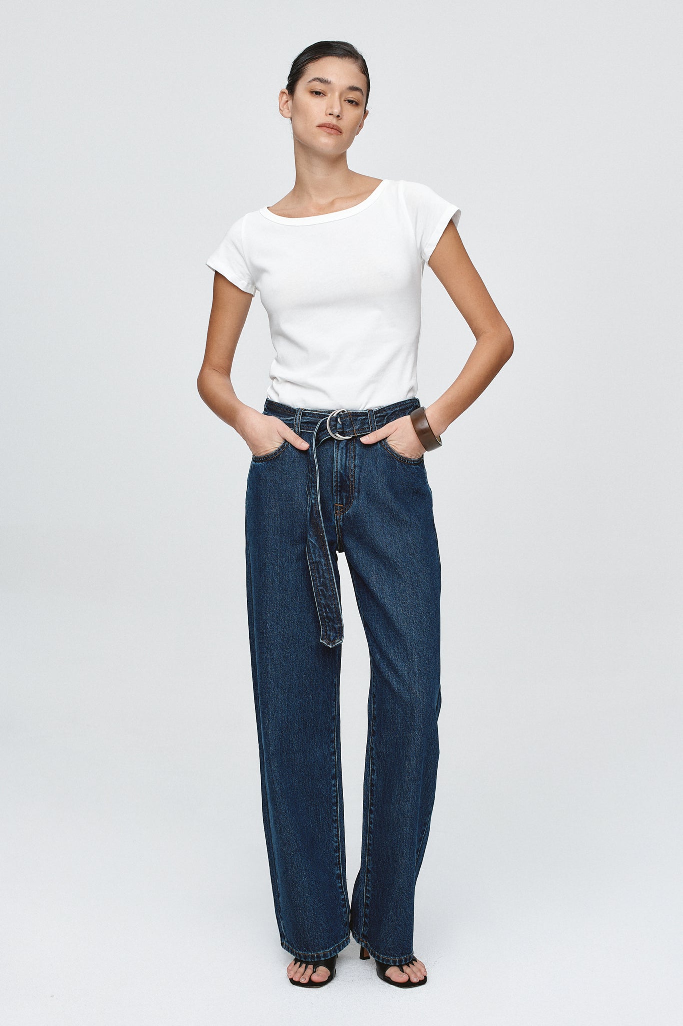 BELTED WIDE LEG JEAN - CLASSIC BLUE