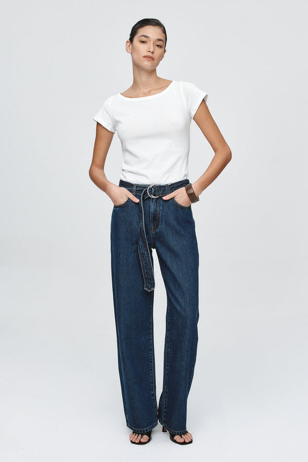 BELTED WIDE LEG JEAN - CLASSIC BLUE