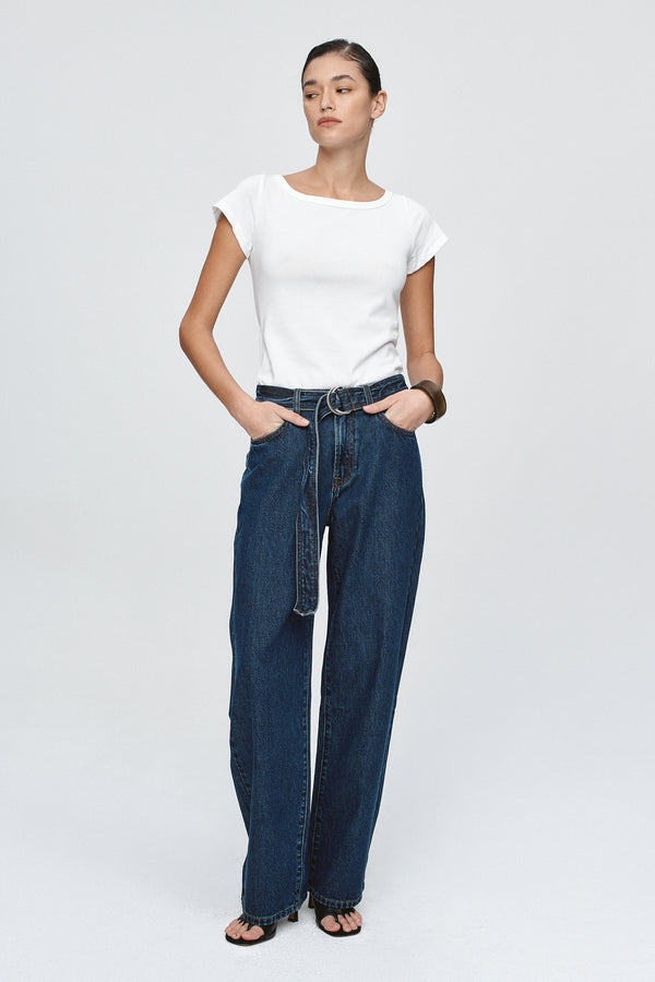 BELTED WIDE LEG JEAN - CLASSIC BLUE
