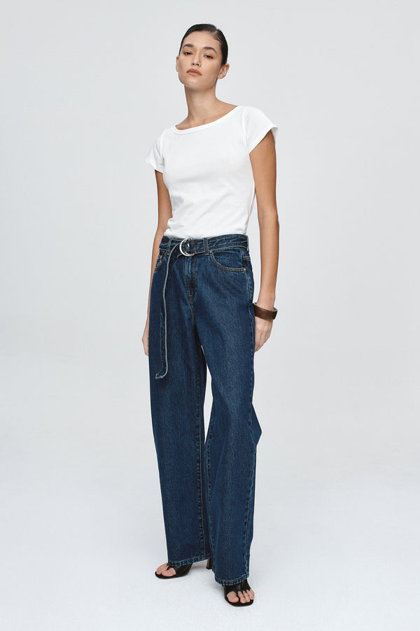 BELTED WIDE LEG JEAN - CLASSIC BLUE